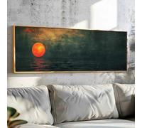 CHAOJIART Póster de lienzo horizontal con puesta de sol sobre el océano verde esmeralda, arte abstracto retro, para decoración de sala de estar (50 x 150 cm, lienzo envuelto)