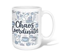 Chaos - Taza de café de cerámica, contemporánea, lista de verificación de café, taza azul novedosa con asa, ideal para amigos, familiares, compañeros de trabajo, amantes de la tercera edad, 15 onzas