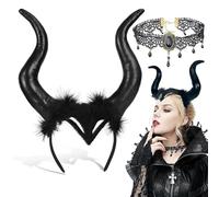 CHAOTEMAI Cuernos Demonio Halloween con Collar de Encaje Gótico Vintage Cuernos de Diablo Negro Diadema Halloween Tocado Cuerno para Cosplay Fiestas Temáticas Diablo Bruja Reina Mujer