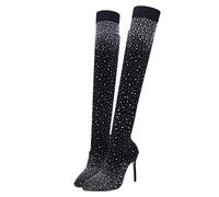 CHAOYI Botas altas sexys para mujer, de tela elástica, con cristales, punta puntiaguda, sobre la rodilla, talón, talla 35-43, color negro, 38