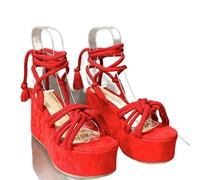 CHAOYI Sandalias de verano con plataforma y tiras de cuña para mujer, punta redonda, cruzada, con puntera abierta, para aumentar la altura, color rojo, 36