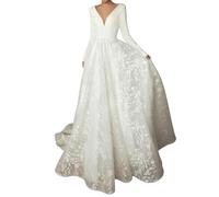 Chaoyilian Vestido de Novia de Encaje de Sirenas,Vestido de Novia de Manga Larga con Cuello en V,Vestidos de Novia de satén para Mujer,para Bodas,Vestidos De Noche Y Vestidos De Fiesta