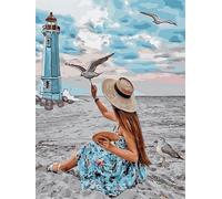 Chaozhirui Kit de punto de cruz con patrón fácil para adultos y principiantes,11CT bricolaje- Faro de la Chica Playa Gaviota Colores de hilo vibrantes- 40x50cm