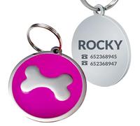 Chapa de Identificación Personalizada para Perros y Gatos - Placa Grabada de Acero Inoxidable con Nombre y Teléfono - Ideal para Mascotas Pequeñas, Medianas y Grandes (Redondo hueso fucsia 37 cm)