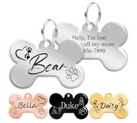 Chapa Perro Grabada a Doble Cara, Chapas Identificativa Perros en Forma de Hueso Personalizada, Acero Inoxidable, Pulido, Plata