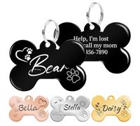 Chapa Perro Grabada a Doble Cara, Chapas Identificativa Perros en Forma de Hueso Personalizada, Acero Inoxidable, Pulido, Negro