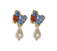 Chapado en oro esmalte barroco perla pendientes para las mujeres, azul rojo floral declaración cuelga los pendientes, artístico y elegante regalo de joyería para ella
