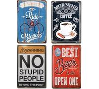 Chapas Vintage [ Bar, Cafetería, Restaurante, Cervecería o Casa ] Set de 4 Chapas con Relieve | Placas Decorativas Retro Metálicas de Comidas y Bebidas 20x30 cm