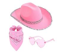 Chapeau De Cowboy Rose, Cowboy Pour Femmes, Cowgirl Hat Pink, Avec Lunettes Et Rose Bandana Bordure À Paillettes Argentées - Accessoires Festivals, Conciertos, Déguisements Enterrements Vie Jeune