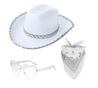 Chapeau De Cowboy Rose, Cowboy Pour Femmes, Cowgirl Hat Pink, Avec Lunettes Et Rose Bandana Bordure À Paillettes Argentées - Accessoires Festivals, Conciertos, Déguisements Enterrements Vie Jeune