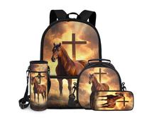 chaqlin Bolsas escolares para niñas, bolsas de almuerzo para niños, 4 unidades, bolsa de transporte para botellas de agua de regreso a clases, estuche de gran capacidad con compartimentos, Caballo