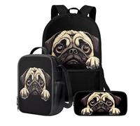 chaqlin Juego de 3 mochilas escolares para niños con lonchera y estuche para lápices, bolsas de almuerzo para niños, bolsas enfriadoras para bolígrafos, Animal Pug Funny, Mochila para niños