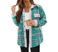 Chaqueta a cuadros con forro polar para mujer, chaqueta de tartán de invierno con solapa, botones para otoño e invierno, manga larga, abrigos de felpa para mujer, camisa mullida de retazos, R2Green, M