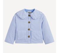 Chaqueta a rayas, cuello claudine con volantes, en tela mil rayas. Talla 94 cm (3 años). Color Rayas Azul/Crudo