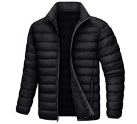 Chaqueta acolchada ligera negra para hombre, cuello alto, cremallera frontal, abrigo acolchado cálido, plegable, ropa exterior alternativa para otoño, invierno, uso casual y al aire libre, Negro, XXL