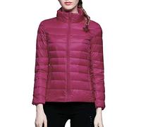 Chaqueta acolchada ligera sin capucha para mujer, chaqueta de transición con cuello alto, plegable, cortaviento, cálida, manga larga, color liso, informal, con bolsillos A, rosa fuerte, M