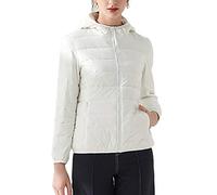 Chaqueta Acolchada para Mujer Abrigo Plumas Ultralight Corto Fino Abrigos Chaquetas Invierno Manga Larga Cremallera Chaqueta de Plumón con Capucha,Beige,XXS