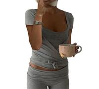 Chaqueta Ballet Niña Camisetas de Yoga Informales de Corte Ajustado for Mujer, Camisetas de Entrenamiento, Top Cruzado con Lazo, Cuello en V Profundo, Blusas de Manga Corta con Lazo Frontal(Grey,S)