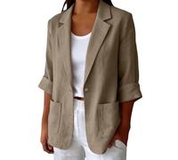 Chaqueta blazer de lino de gran tamaño para mujer, solapa con muescas, un solo botón frontal con bolsillos de parche dobles, manga enrollada, ropa exterior para oficina inteligente y trajes casuales