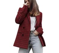 Chaqueta blazer vintage elegante para mujer, chaqueta de doble botonadura, chaqueta a cuadros con pata de gallo, abrigo con codo ajustado, cárdigan de primavera y otoño, rojo, S