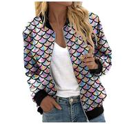 Chaqueta bomber brillante para mujer con patrón de escamas, manga larga, cremallera, escamas de pescado, informal, ropa de calle, elegante, para carnaval, disfraz, fiesta, fiesta, bolero, O Multicolor