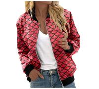 Chaqueta bomber brillante para mujer con patrón de escamas, manga larga, cremallera, escamas de pescado, informal, ropa de calle, elegante, para carnaval, disfraz, fiesta, fiesta, bolero, O rojo., XL