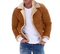Chaqueta Bomber de Cuero para Hombre - Piel de Oveja, Gruesa, con Solapa de Moda - Chaqueta de Invierno, Caqui, XL