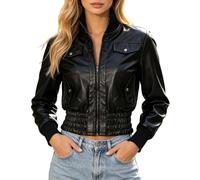 Chaqueta Bomber de Cuero Sintético para Mujer PU Moto Biker Recortada | con Cremallera Salir Otoño Invierno Slim Fit Cuello Alto Cremallera Blazer Corto Pu Ropa Casual para Oficina y Uso Diario