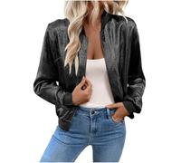 Chaqueta bomber de terciopelo para mujer, con cremallera completa, metálica, para primavera, otoño, ligera, cuello alto, casual, manga larga, fiesta, noche, ropa exterior, Negro, M