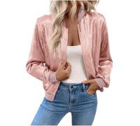 Chaqueta bomber de terciopelo para mujer, con cremallera completa, metálica, para primavera, otoño, ligera, cuello alto, casual, manga larga, fiesta, noche, ropa exterior, rosa, L