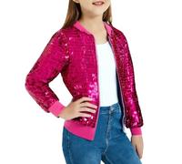 Chaqueta bomber metálica brillante para niñas, abrigo de ajuste regular con bolsillos, cremallera, manga larga, ligera, para fiestas, bailes, para niños, hot pink, 7-8 años