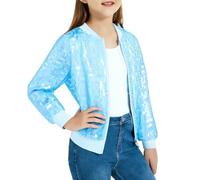 Chaqueta bomber metálica brillante para niñas, abrigo de ajuste regular con bolsillos, cremallera, manga larga, ligera, para fiestas, bailes, para niños, azul claro, 7-8 años