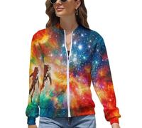 Chaqueta Bomber Para Mujer,Astronauta Flotando Universo,Ligera,Chaqueta De Entretiempo,Cuello Redondo Manga Larga Fantasía Cósmica Cremallera Bomber Para Mujer Elegante Con Bolsillos Rojo Fuego S