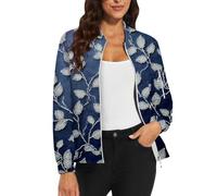 Chaqueta bomber para mujer, casual, floral, con cremallera, manga larga, cuello alto, chaquetas de otoño, ropa de abrigo ligera, 1B-Azul marino, XXL