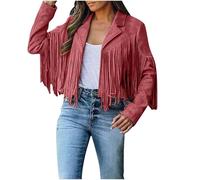 Chaqueta Cárdigan Abierta de Ante Sintético con Flecos de Manga Larga Conjunto de Concierto Estilo Western para Mujer(Red-B,Small)