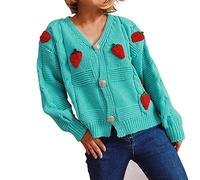 Chaqueta casual para mujer, talla grande, 2025, informal, holgada, bordada de fresa, masa gruesa, suéter de punto de un solo botonadura, cárdigan de manga larga de gran tamaño, ropa de calle a la moda