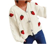 Chaqueta casual para mujer, talla grande, 2025, informal, holgada, bordada de fresa, masa gruesa, suéter de punto de un solo botonadura, cárdigan de manga larga de gran tamaño, ropa de calle de moda
