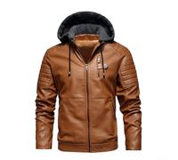 Chaqueta con capucha de piel sintética para hombre, forro de felpa cálida, estilo motocicleta, bolsillos con cremallera, abrigo casual para uso regular (3XL amarillo)