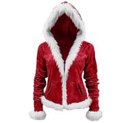 Chaqueta con capucha de terciopelo de Papá Noel con cremallera y ribete de piel sintética de oveja para mujer, Rojo - Terciopelo, M