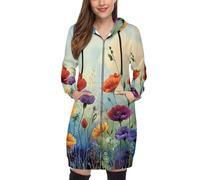 Chaqueta con Capucha para Otoño E Invierno Mujer - Sudadera Larga con Cremallera Y Estampado Patrón De Amapola, Hoodie Talla Grande S-5Xl con Cordón Ajustable,Azul Cielo
