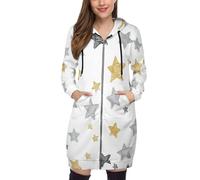Chaqueta con Capucha para Otoño E Invierno Mujer - Sudadera Larga con Cremallera Y Estampado Patrón Estrella, Hoodie Talla Grande S-5Xl con Cordón Ajustable,Amarillo Mostaza