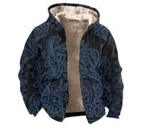 Chaqueta con capucha vikinga forrada para hombre con estampado de nudo celta - Cálida chaqueta de invierno con forro polar de peluche e impresión 3D | Chaqueta nórdica para días fríos, Style_a01 Blue