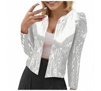 Chaqueta corta con lentejuelas y purpurina brillante para mujer, chaqueta corta de manga larga, plata, M