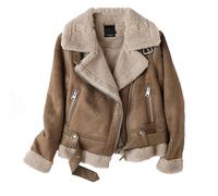 Chaqueta corta de cuero sintético para mujer marrón con forro de piel integrado, vintage, para invierno, con cremallera, solapa, mangas largas, elegante, marrón, M Corto