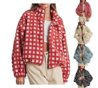 Chaqueta corta de forro polar Sherpa de manga larga para mujer, abrigo a cuadros de peluche, chaqueta de invierno casual con cremallera, Cuadros rojos, XL