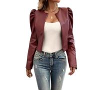 Chaqueta corta de manga abombada para mujer, chaqueta bolero de piel sintética, manga larga, frente abierto, chaqueta tipo cárdigan de poliuretano, granate, S