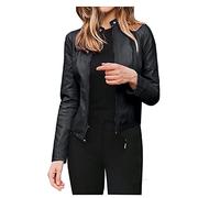 Chaqueta corta de piel para mujer, chaqueta de motorista retro con cremallera, chaqueta bomber, chaqueta corta con cremallera, chaqueta de cuero, moda urbana, Negro , XXL