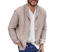 Chaqueta de algodón y lino para hombre, holgada, ligera, con botones, casual, para verano, al aire libre, con solapa, ropa deportiva, B# Beige, Large