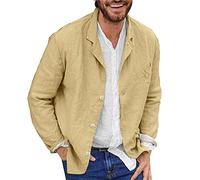 Chaqueta de algodón y lino para hombre, holgada, ligera, con botones, casual, para verano, al aire libre, con solapa, ropa deportiva, A# Caqui, Large