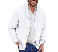 Chaqueta de algodón y lino para hombre, holgada, ligera, con botones, casual, para verano, al aire libre, con solapa, ropa deportiva, Blanco, Medium